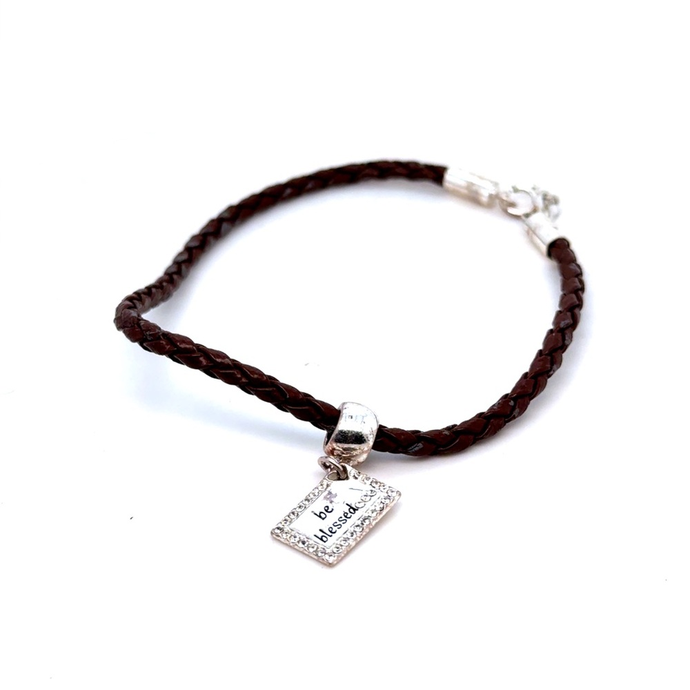 Be Blessed Brown Braided Leather Charm Bracelet- Sterling‎ Silver 925